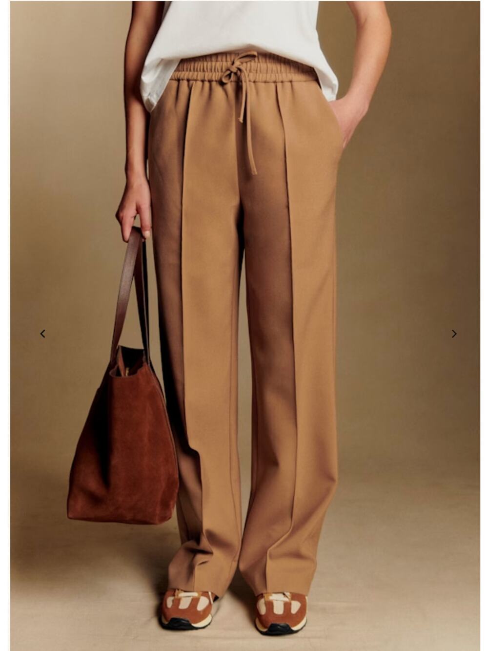 Sezane Bruce Straight Wide Leg Trousers Pants Camel Tan Drawstring FR 46 US 14